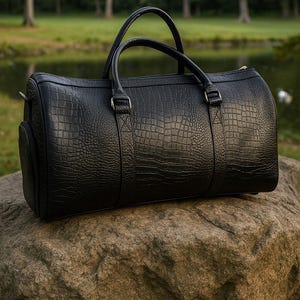 Może przedstawiać: Czarna torba podróżna z teksturowanym wzorem przypominającym skórę krokodyla. Torba ma dwa górne uchwyty i boczną kieszeń. Spoczywa na dużej, teksturowanej skale. Tło przedstawia rozmyty widok drzew i zbiornika wodnego.