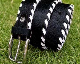 Handgemaakte leren riem van rundleer met haartjes, echte leren riem voor mannen en vrouwen, western leren riem, zwart-witte riem, cadeau voor hem