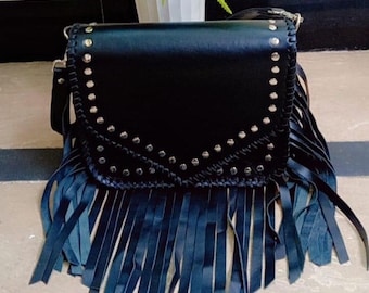 Black Leather Fringe Crossbody Bag with Silver Studs – Western Boho Style