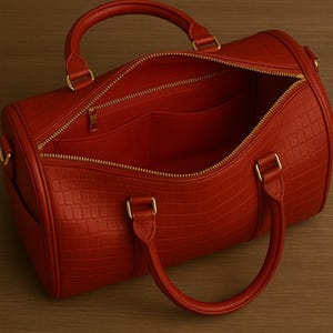 May include: A red barrel-shaped handbag with a crocodile-embossed texture, featuring two top handles, gold-tone hardware, and a zippered main compartment that opens to reveal an interior with two open pockets and one zippered pocket.