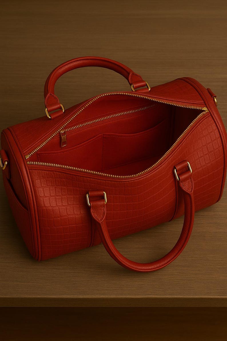 May include: A red barrel-shaped handbag with a crocodile-embossed texture, featuring two top handles, gold-tone hardware, and a zippered main compartment that opens to reveal an interior with two open pockets and one zippered pocket.