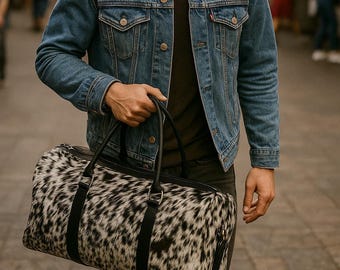 Hair-On Cowhide Duffle Bag: Leather Weekender Overnight Bag