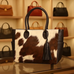 Handmade Cowhide Hair-On Leather Tote Bag – Women’s Luxury Shoulder Handbag with Tassel Detail