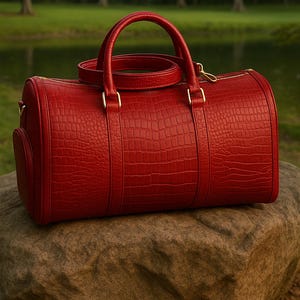May include: A bright red barrel-shaped duffel bag featuring a textured crocodile-embossed pattern. The bag includes two top handles, gold-toned metal hardware, and a zippered closure along the top, presenting a structured and cylindrical silhouette.