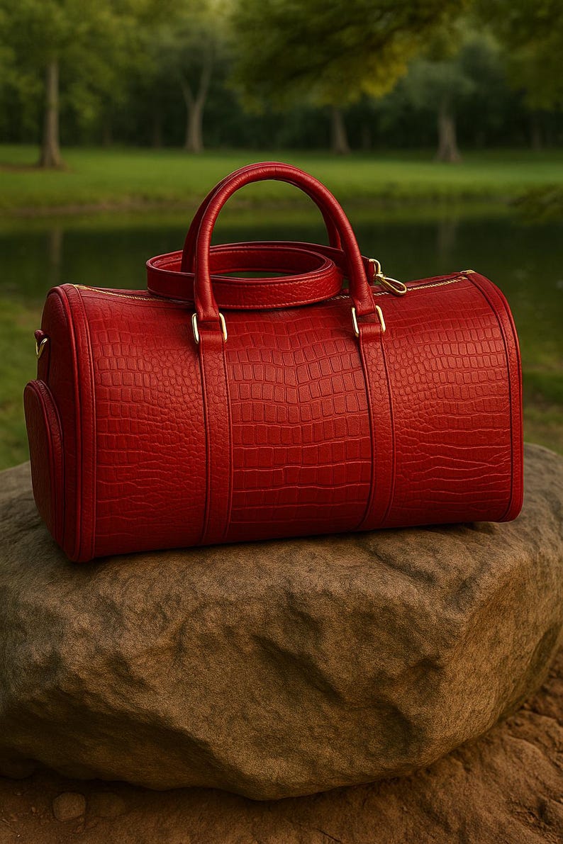 May include: A bright red barrel-shaped duffel bag featuring a textured crocodile-embossed pattern. The bag includes two top handles, gold-toned metal hardware, and a zippered closure along the top, presenting a structured and cylindrical silhouette.