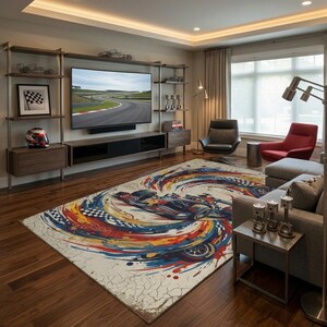 May include: A rectangular area rug with a race car design. The rug features a vintage aesthetic with a distressed, off-white background and a colorful illustration of a race car in motion, with red, blue, and yellow accents.