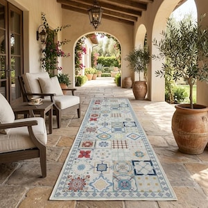 May include: A rectangular outdoor rug with a repeating pattern of colorful geometric shapes in shades of blue, red, and beige. The rug is placed on a stone patio, with outdoor furniture and potted plants in the background.