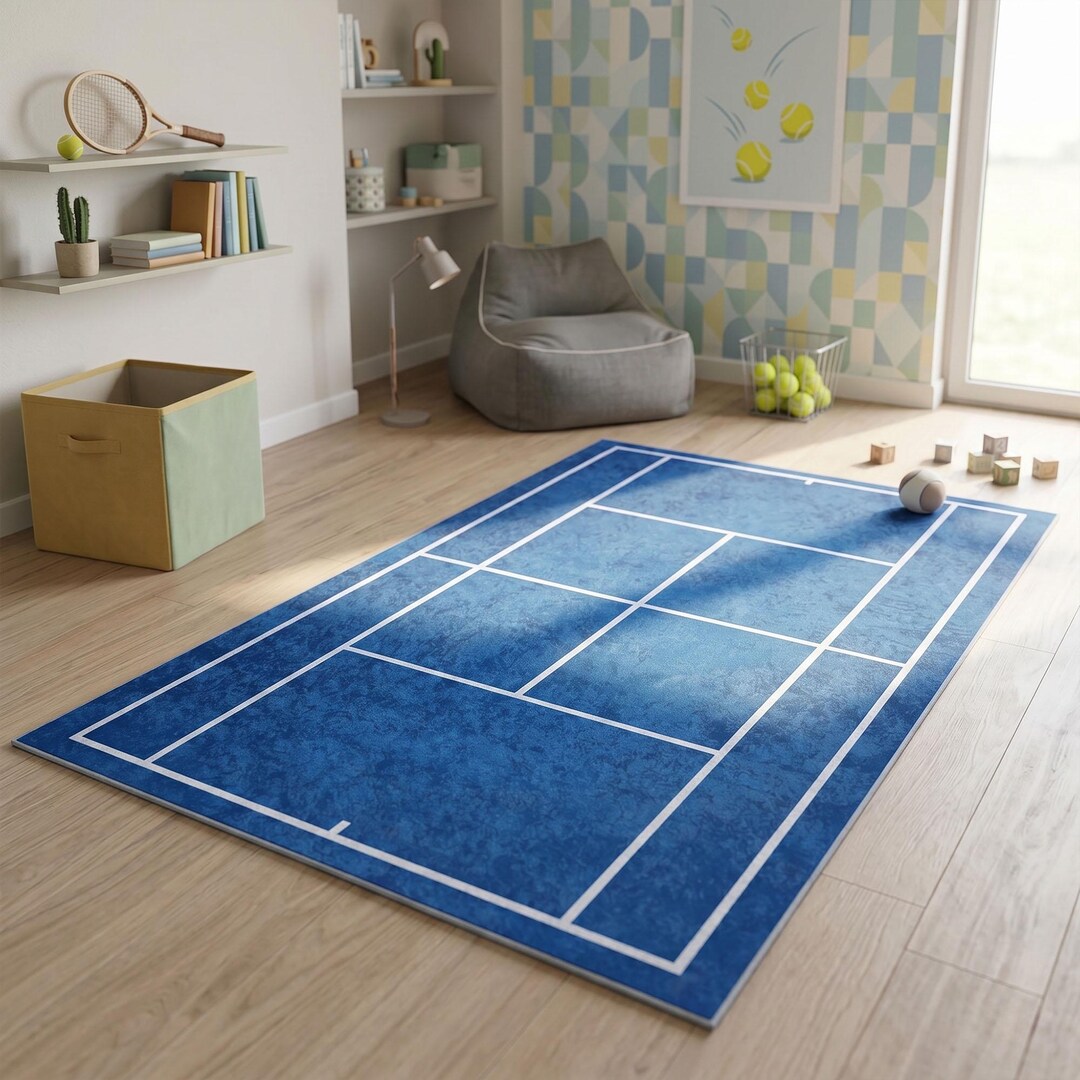 Tennis Coloured Rug Vibrant Tennis Court Area Rug, Machine Washable, Non Slip Backing ...