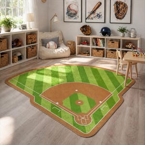 Peut inclure: Un tapis sur le thème du baseball dans une chambre d'enfant. Le tapis a la forme d'un terrain de baseball, avec une pelouse verte et un champ intérieur marron. La pièce comprend également des œuvres d'art sur le baseball, un pouf et des étagères de rangement avec des jouets.