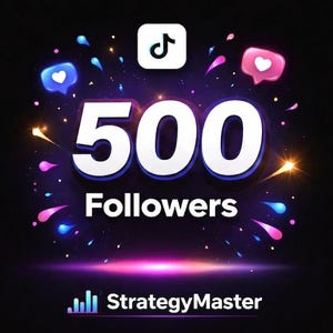 May include: Digital graphic celebrating 500 followers. The design features the number 500 in white, with the word "Followers" below. Decorative elements include hearts, sparkles, and the TikTok logo, all set against a dark background. The StrategyMaster logo is at the bottom.