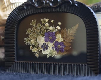 Gothic Pressed Flower Art in Ornate Black Frame l Dark Floral Wall Decor