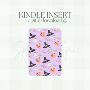 May include: A Kindle insert digital download featuring a light purple background with a repeating pattern of black witch hats, pink jack-o'-lanterns, white ghosts, and pink bats. The text KINDLE INSERT digital download is printed above the graphic.