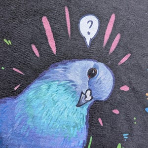 May include: A close-up of a blue and teal bird illustration with a question mark above its head. The bird is set against a dark gray background with pink and green accents. The artwork has a whimsical, cartoonish style.