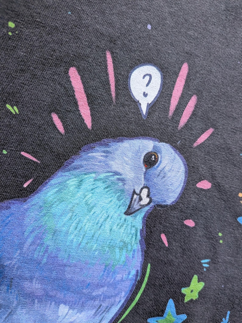 May include: A close-up of a blue and teal bird illustration with a question mark above its head. The bird is set against a dark gray background with pink and green accents. The artwork has a whimsical, cartoonish style.