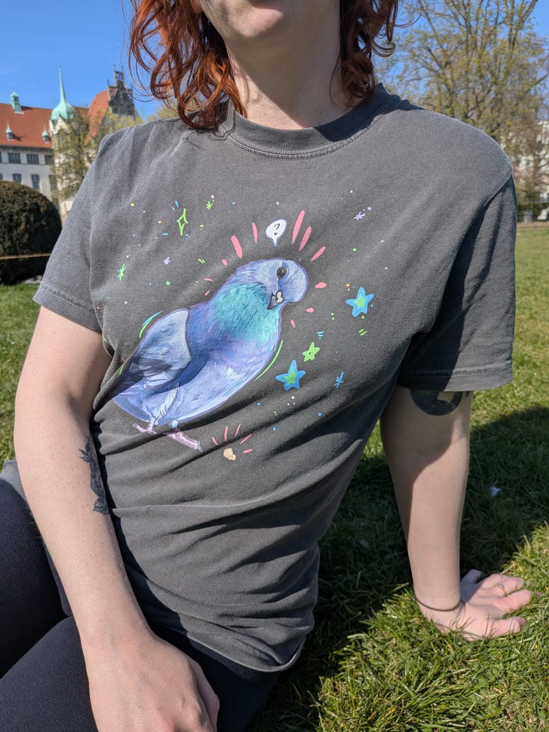 May include: Dark gray t-shirt featuring a blue and teal pigeon illustration with a pink halo and question mark. The design includes colorful stars and sparkles. The shirt is worn outdoors on a sunny day.