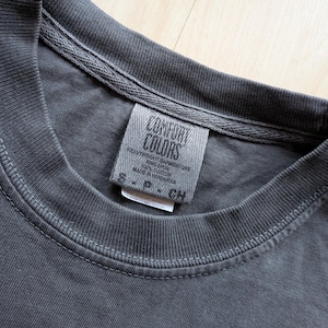 May include: Close-up of a charcoal gray t-shirt collar and tag. The tag reads "COMFORT COLORS" and includes text about the fabric content and origin. The shirt appears to be made of a soft, heavyweight material.