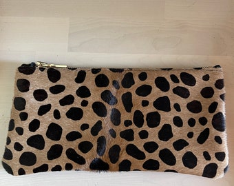 Handmade Leopard Print Leather Makeup Bag, Leather Clutch Purse perfect for traveling, Perfect Gift for Wife Mom Sister and Girlfriend