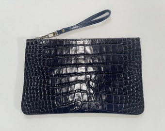 Luxurious Allure: Chic Navy Blue Croc-Embossed Leather Pouch with Silver Hardware