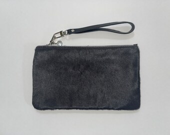 Sleek Charcoal: Dark Grey Cowhide Leather Wristlet with Silver Hardware