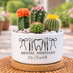 May include: A white ceramic planter with a dental assistant design, holding several cacti with colorful blooms. The planter sits on a round wooden base atop a woven mat. Text on the planter reads "DENTAL ASSISTANT" and "Ms. Elizabeth."