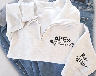 Sudadera con cremallera de un cuarto bordada personalizada para profesor de educación física, camiseta de educación física personalizada, camiseta de entrenador escolar, regalo de agradecimiento para profesores