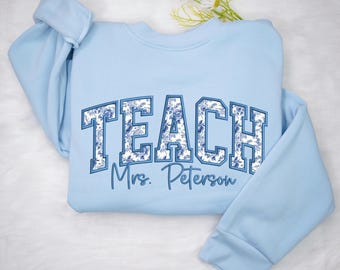 Custom Embroidered Teacher Sweatshirt, Personalized Last Name Sweater, Blue Toile Shirt, Teacher Gifts, back to school gifts