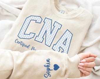 Custom Embroidered CNA Nurse Sweatshirt – Personalized Gingham Appliqué Certified Nursing Assistant Gifts
