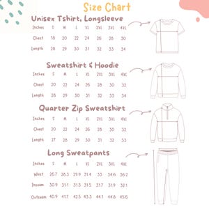 May include: A size chart detailing measurements in inches for various clothing items: unisex t-shirts, long sleeves, sweatshirts, hoodies, quarter-zip sweatshirts, and long sweatpants. Sizes range from S to 4XL, with chest, length, waist, inseam, and outseam measurements.