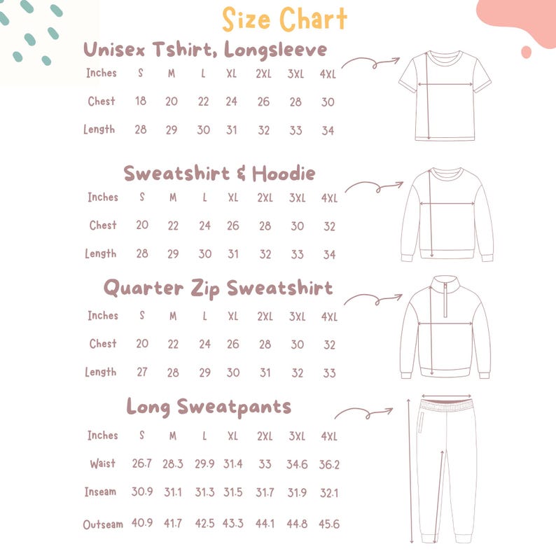 May include: A size chart detailing measurements in inches for various clothing items: unisex t-shirts, long sleeves, sweatshirts, hoodies, quarter-zip sweatshirts, and long sweatpants. Sizes range from S to 4XL, with chest, length, waist, inseam, and outseam measurements.