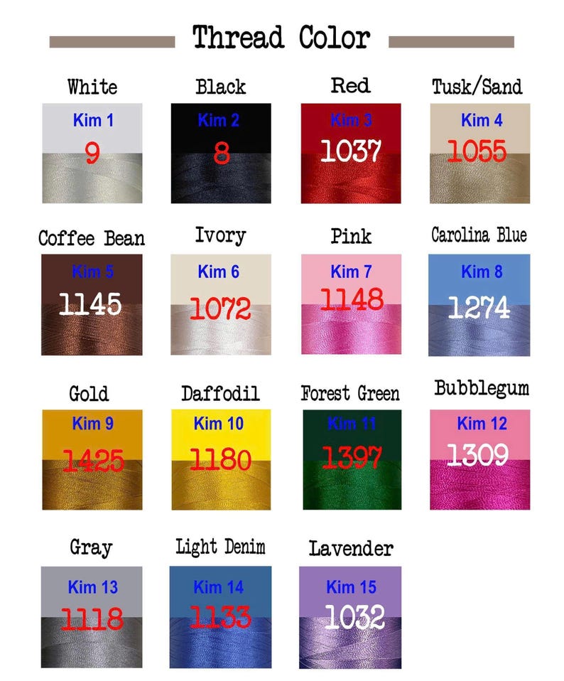 May include: A color chart titled "Thread Color" displays various thread colors, including white, black, red, and gold. Each color is presented with a corresponding number and name, such as "Kim 1" for white and "Kim 2" for black.