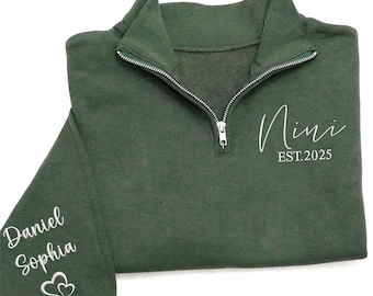 Custom Nini Sweatshirt - Embroidered Grandma Quarter Zip Sweatshirt, Personalized Grandma Sweater with Grandkid Name, Christmas 2025