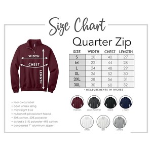 May include: A maroon quarter-zip sweatshirt with a size chart. The chart lists sizes S to 3XL, with measurements in inches for width, chest, and length. Additional colors include black heather, black, and navy.