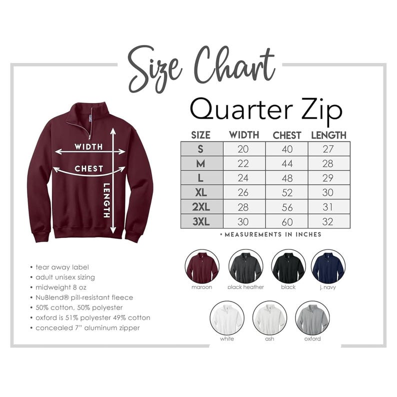 May include: A maroon quarter-zip sweatshirt with a size chart. The chart lists sizes S to 3XL, with measurements in inches for width, chest, and length. Additional colors include black heather, black, and navy.