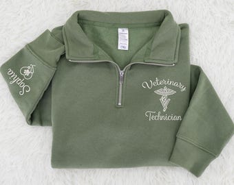 Custom Embroidered Vet Tech Quarter-Zip Sweatshirt: Personalized Veterinary Medicine Gifts, Vet Technician Office Gift