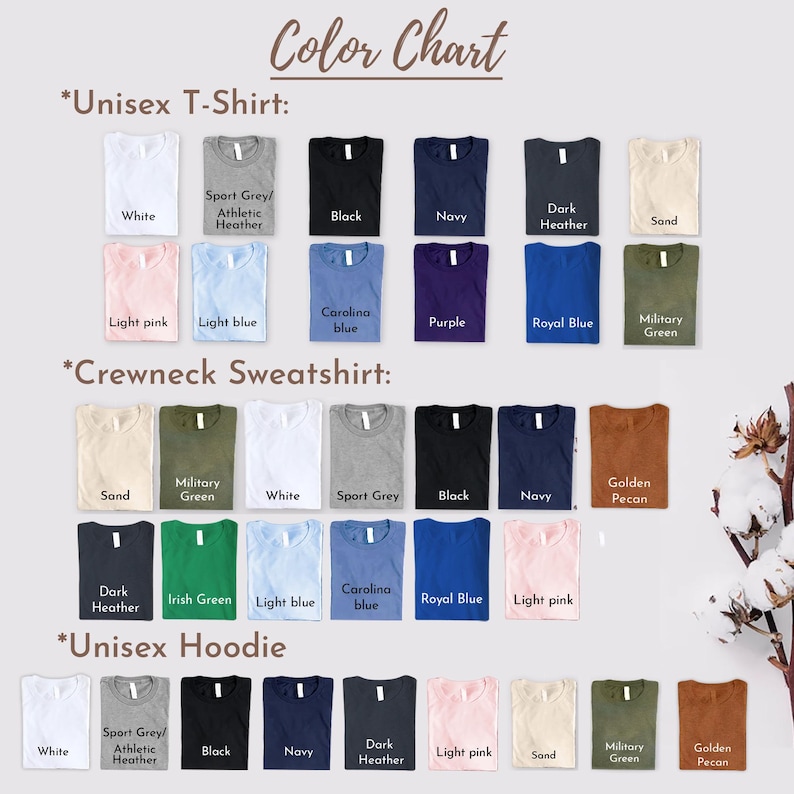 May include: A colour chart showing a range of t-shirt, sweatshirt, and hoodie colours. The chart includes colours such as white, black, navy, and grey. The text "Color Chart" is at the top. The chart is for unisex apparel.