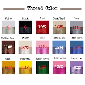 May include: A colour chart titled "Thread Colour" displays 15 thread colours with corresponding numbers. Colours include white, black, red, grey, pink, gold, and green. Each colour is shown with a small square of colour and a spool of thread.