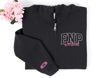 Sweat à capuche zippé FNP brodé personnalisé, pull zippé d'un quart d'infirmière praticienne de famille, cadeaux d'appréciation pour infirmière