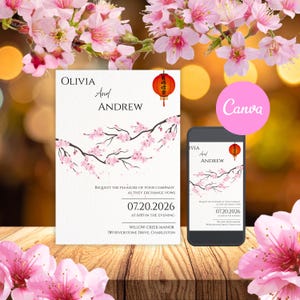 May include: Wedding invitation with the names "Olivia and Andrew" and cherry blossom design. The date "07.20.2026" is shown, along with the venue address. A smartphone displays the invitation.