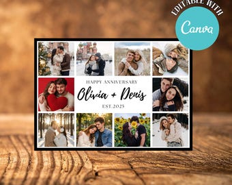 Plantilla de collage de fotos de aniversario, plantilla editable de Canva, cuadrícula de fotos para parejas, regalo de boda, impresión personalizada, collage de 12 fotos