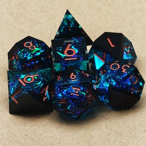 Black Blue Handmade Resin Dice, Sharp Edge Liquid Core DnD Dice Set RPG, Dungeons and Dragons Polyhedral RPG D6, D20 Dice