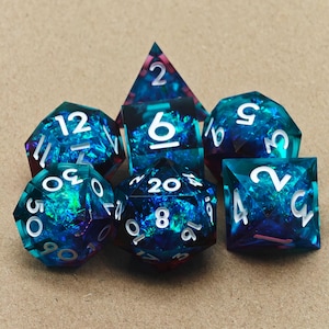 Black Blue Handmade Resin Dice, Sharp Edge Liquid Core DnD Dice Set RPG, Dungeons and Dragons Polyhedral RPG D6, D20 Dice