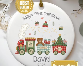 Baby’s First Christmas Ornament Train, First Christmas Keepsake for Baby Girl Boy 2025, Baby Shower Gift, Personalized bear Baby Ornament