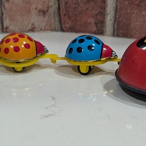 Vintage Adorable  Ladybug Train Tin Windup Toy With  Wheels  Korea Collectible
