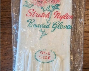 Vintage New Old Stock White Beaded Stretch Nylon Gloves  One Size Formal Elegant