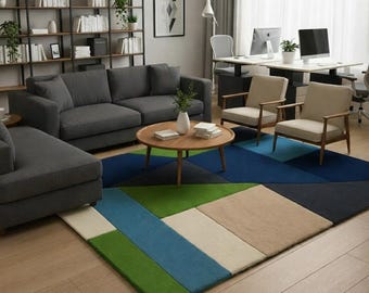 Handtuftad geometrisk ullmatta | Modern blågrön matta för vardagsrum | Sovrum