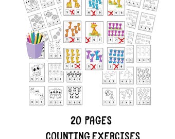 May include: A collection of 20 counting exercises and coloring pages. The pages feature various illustrations of animals and objects, with numbers and counting prompts. The text "COUNTING", "20 PAGES", "COUNTING EXERCISES", "CMYK LETTER SIZE COLORING PAGES", and "DOWNLOAD NOW" are displayed.