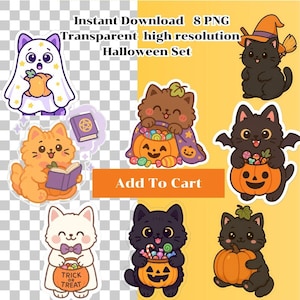 Cute Halloween Cat Clipart Bundle | 8 PNG Transparent High Resolution | Kawaii Halloween Sticker Set for Sublimation, Cricut, Printables