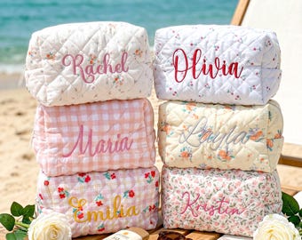 Personalized Embroidered Makeup Bag, Floral Cosmetic Bag, Bridesmaid Gifts, Travel Makeup Pouch