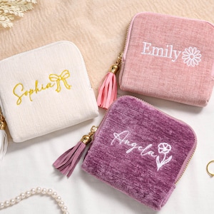 Besticktes Reise-Schmucketui, personalisierter Schmuckorganizer für Damen, Reißverschlussetui mit Namen, Geschenk für Brautjungfern