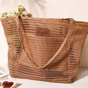 Personalized Beach Tote Bag, Beach Bag for Girls Trip, Bridesmaid Bags, Leather Patch Tote Bag, Summer Hobo Bag, Bachelorette Party Favor